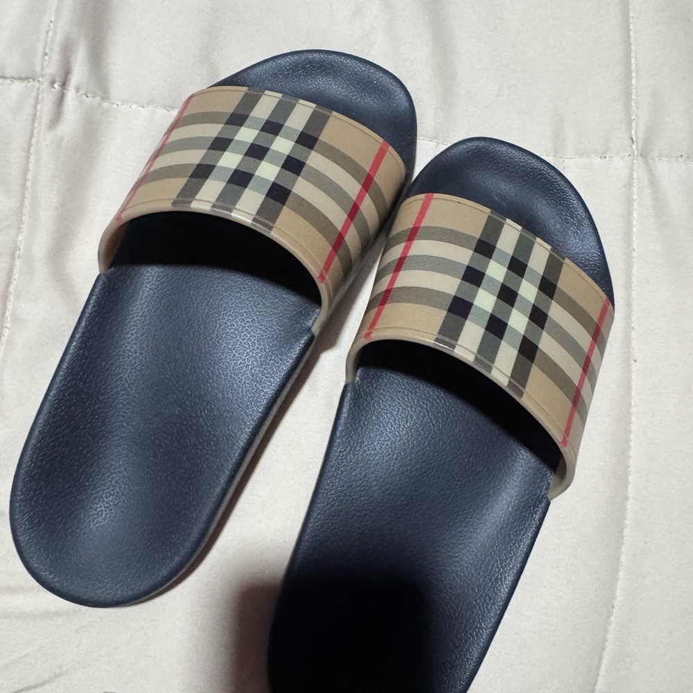 Burberry Beige Black Check Slide Sandals
